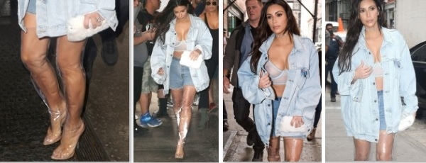 Немыслимый наряд: Ким Кардашьян в джинсовке, прозрачном топе, шортах и...прозрачных сапогах