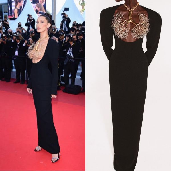 Белла Хадид поразила красотой чёрного платья с золотым украшением на Каннском фестивале